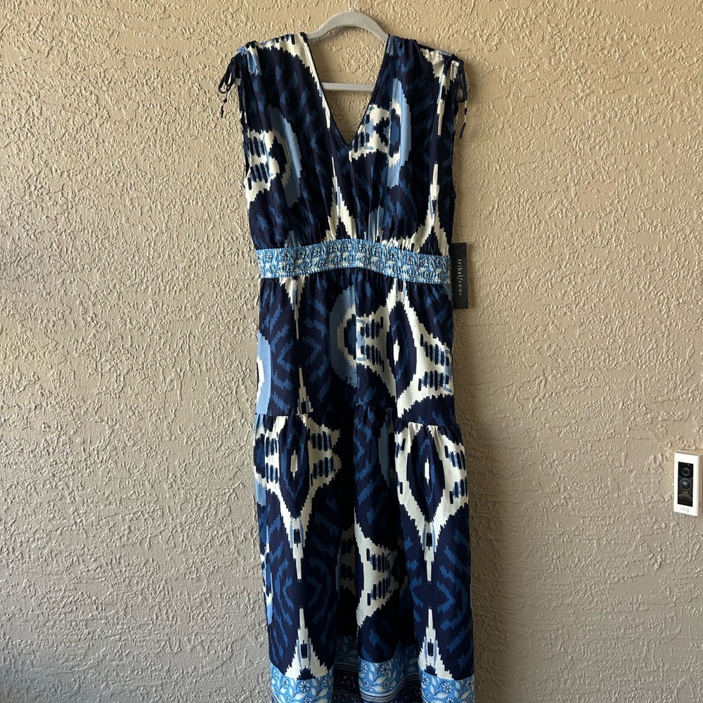 NWT Tribal Femme navy, blue, and white ikat dress